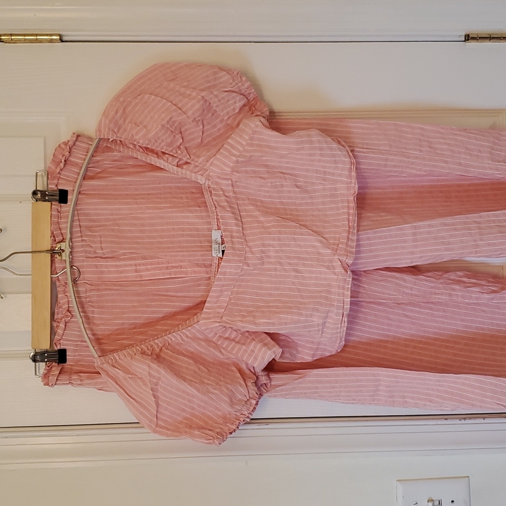 Pink & white stripped crop top & wide leg pant set